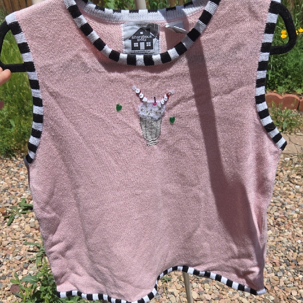 Storybook Knits Pink and Black Tank Top with Striped Trim
